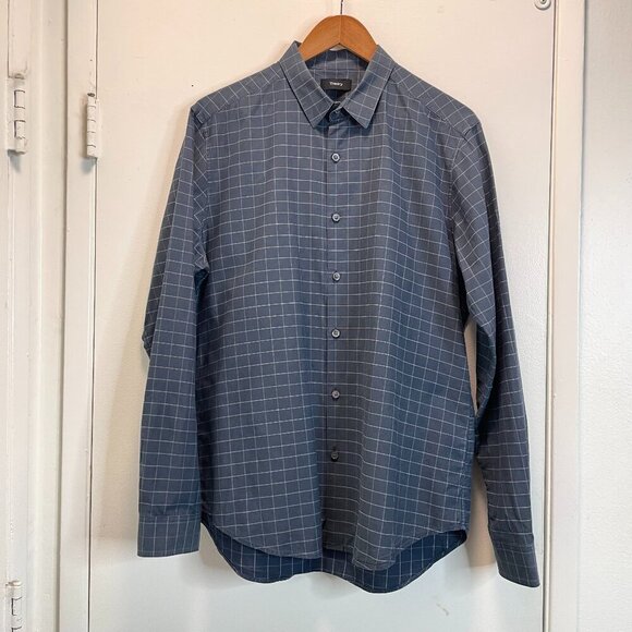 Theory Shirt Adult Large Gray Black Plaid Lightweight Button Up Cotton Mens - Picture 1 of 16